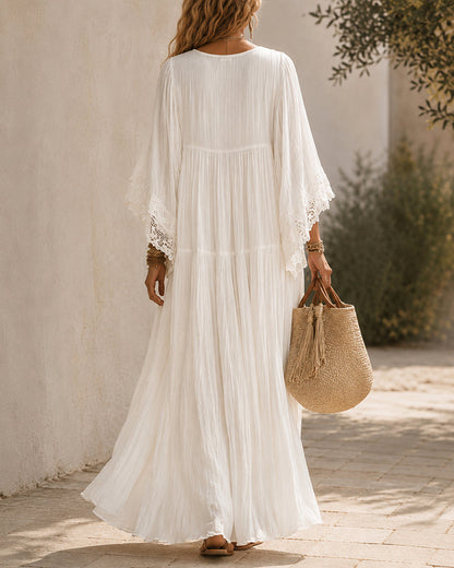 Women's Lace Trim Chiffon Maxi Dress in White – Back view | Hensley London