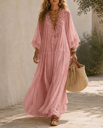 Women's Lace Trim Chiffon Maxi Dress in Pink – Front view | Hensley London