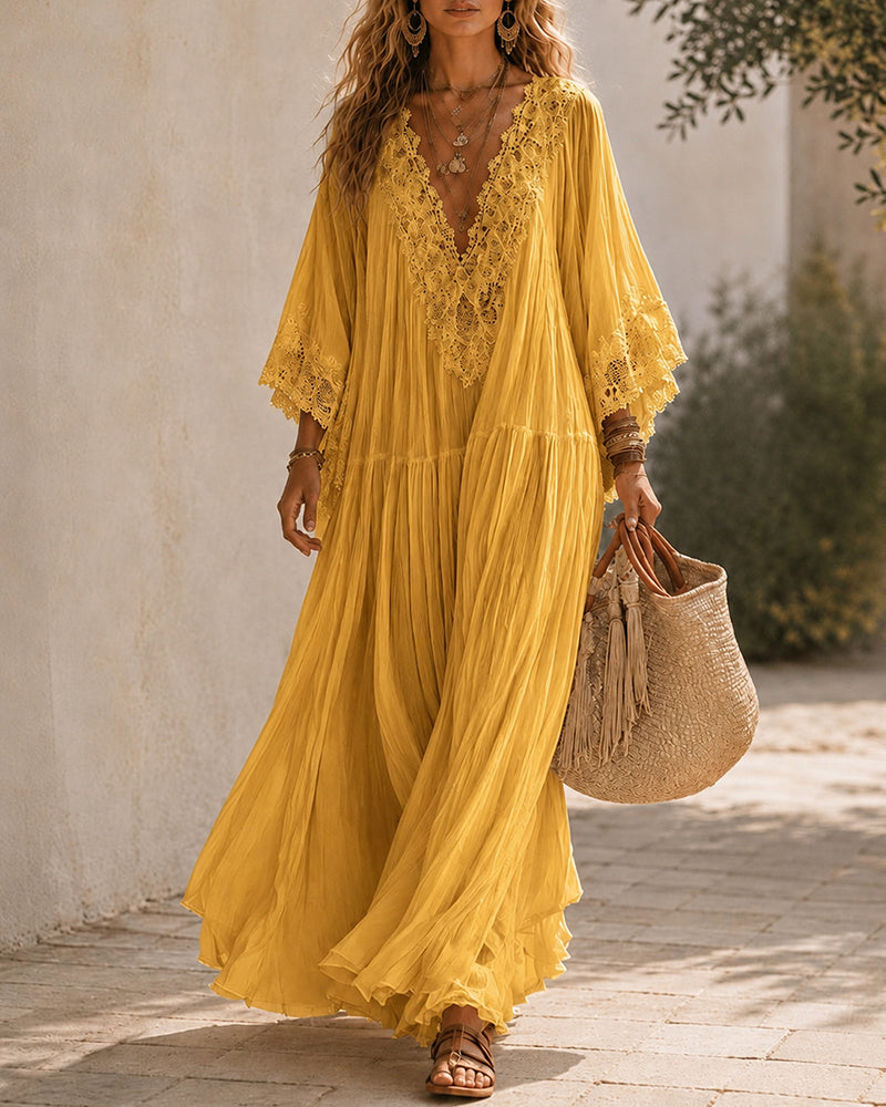 Women's Lace Trim Chiffon Maxi Dress in Yellow – Front view | Hensley London