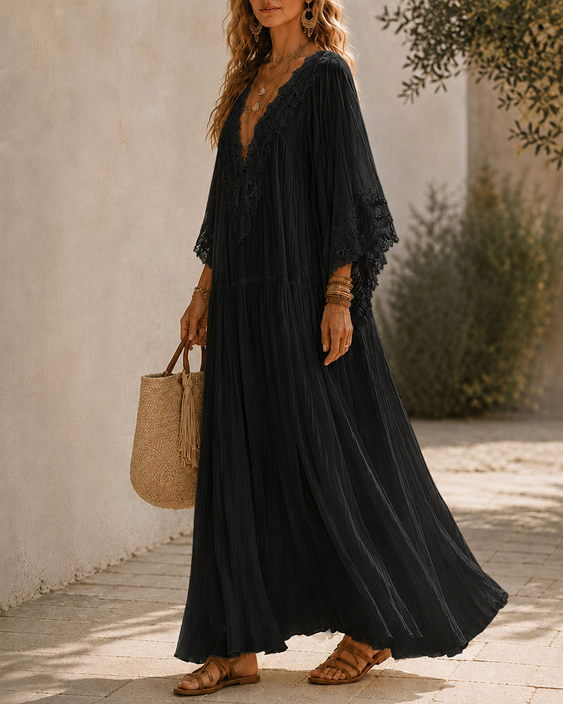 Women's Lace Trim Chiffon Maxi Dress in Black – Side view | Hensley London