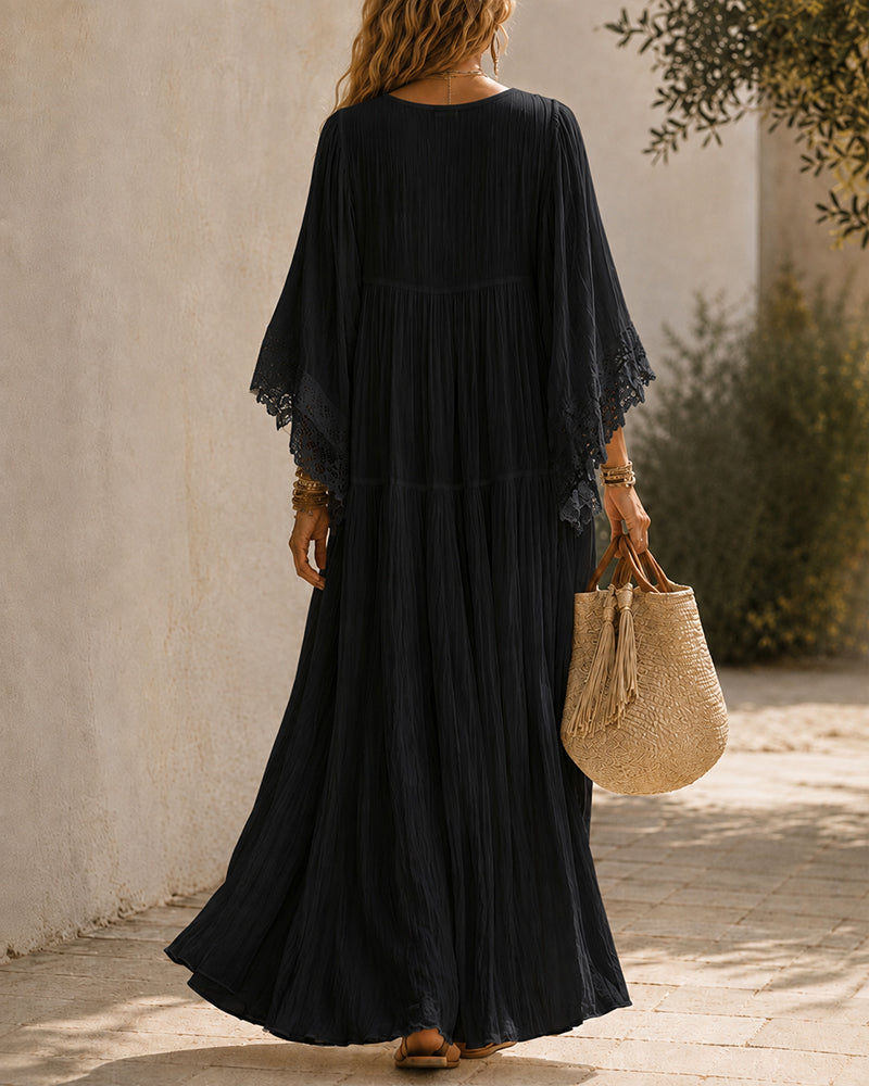 Women's Lace Trim Chiffon Maxi Dress in Black – Back view | Hensley London