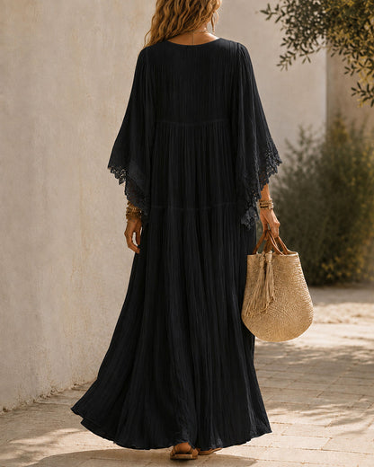 Women's Lace Trim Chiffon Maxi Dress in Black – Back view | Hensley London