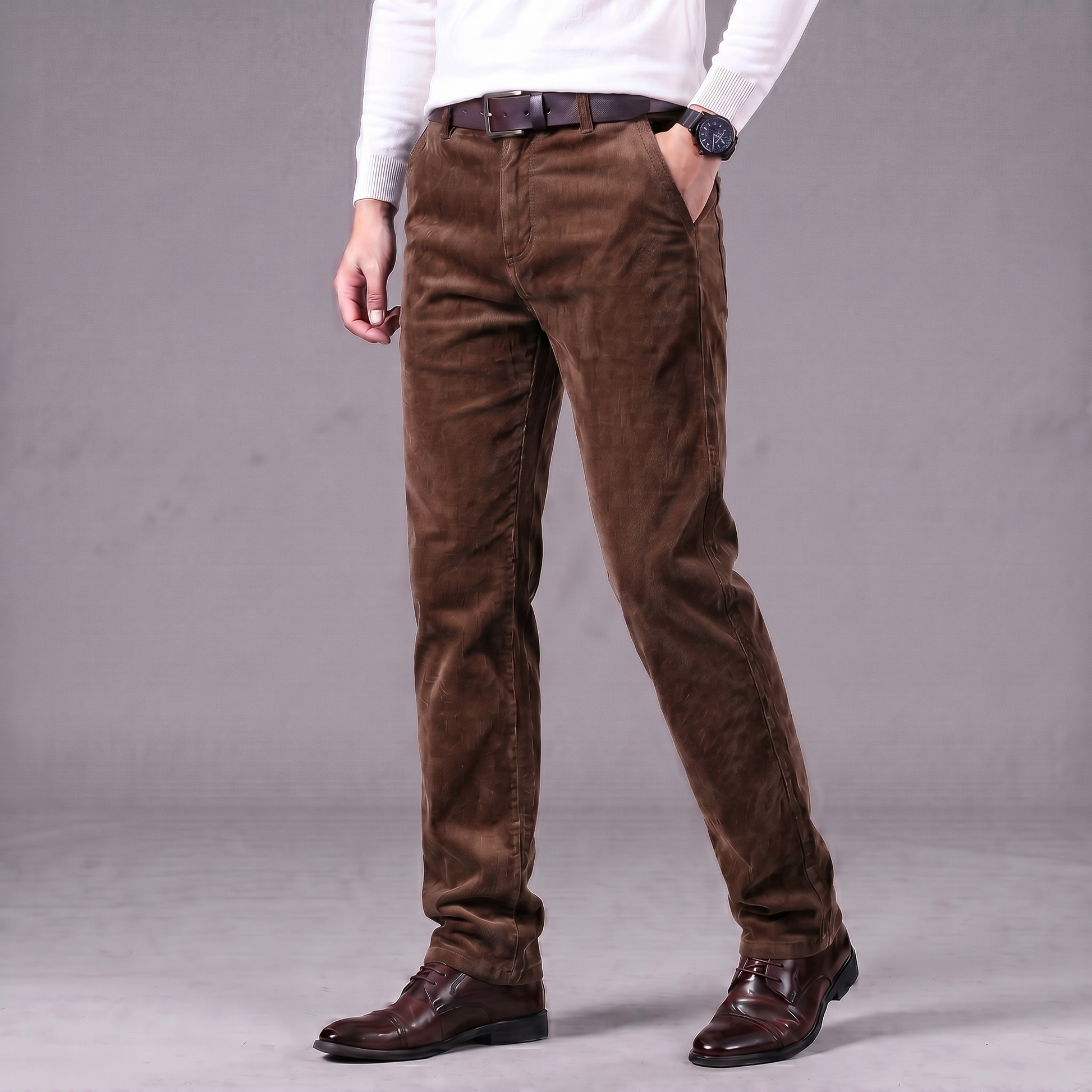 Men's Tailored Chino Trousers in Brown - front view | Hensley London