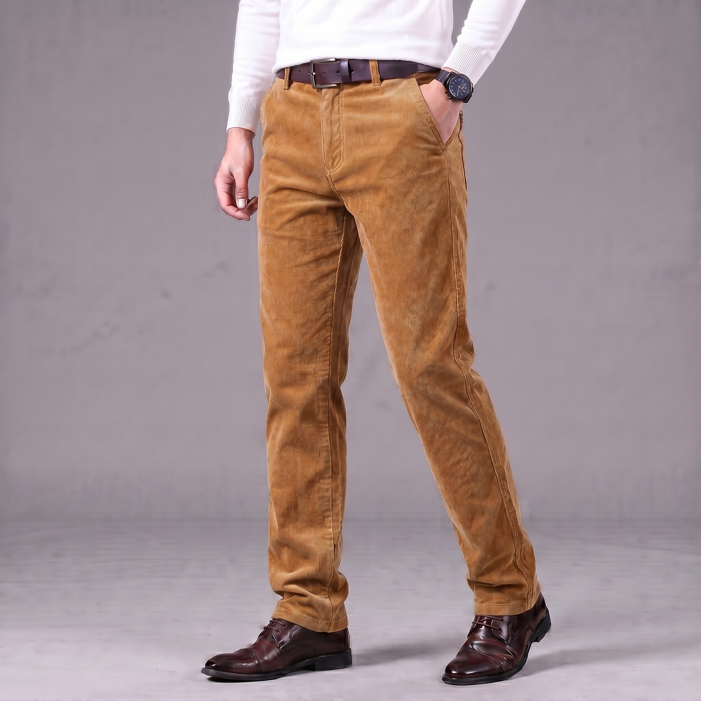 Men's Tailored Chino Trousers in Khaki - front view | Hensley London