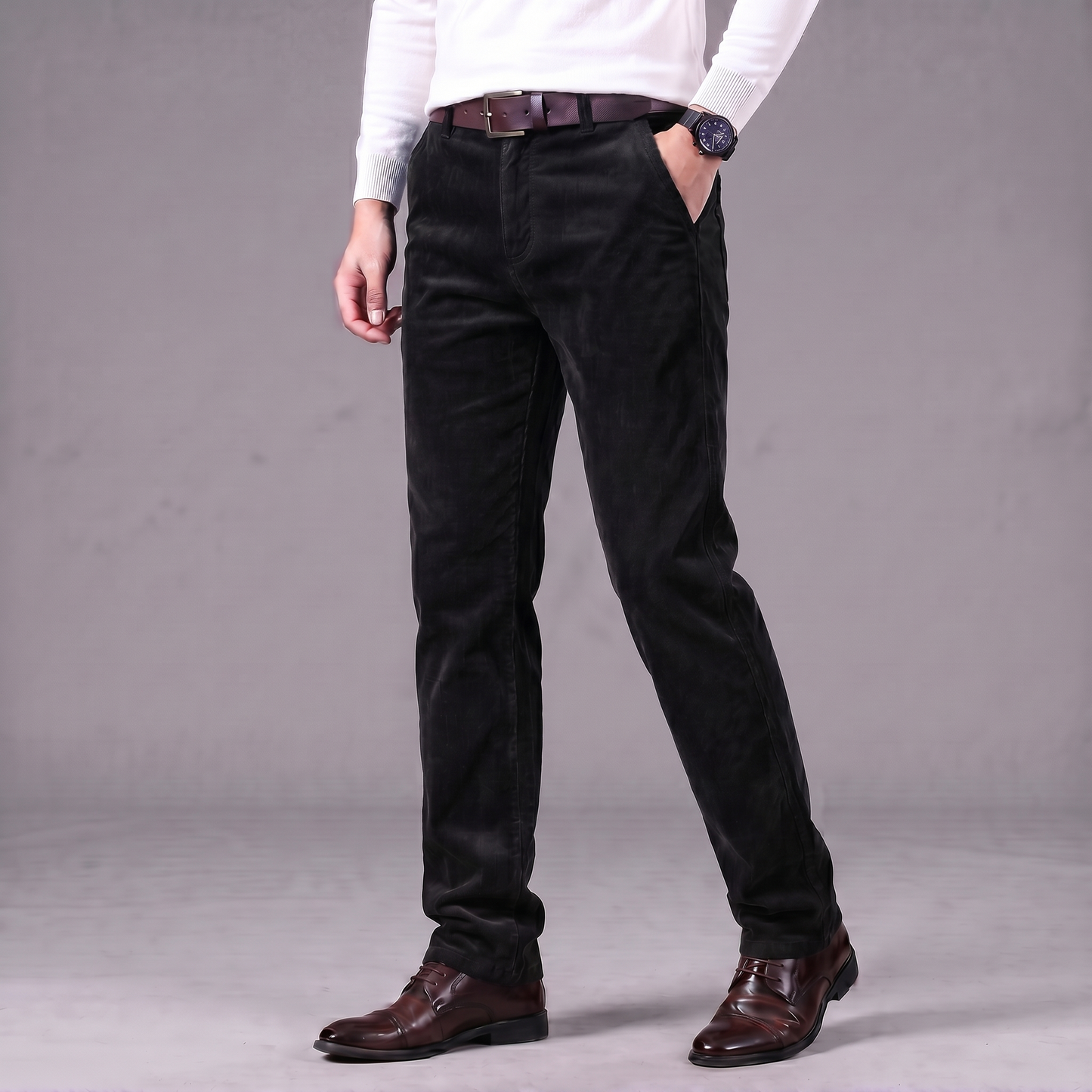 Men's Tailored Chino Trousers in Black - front view | Hensley London