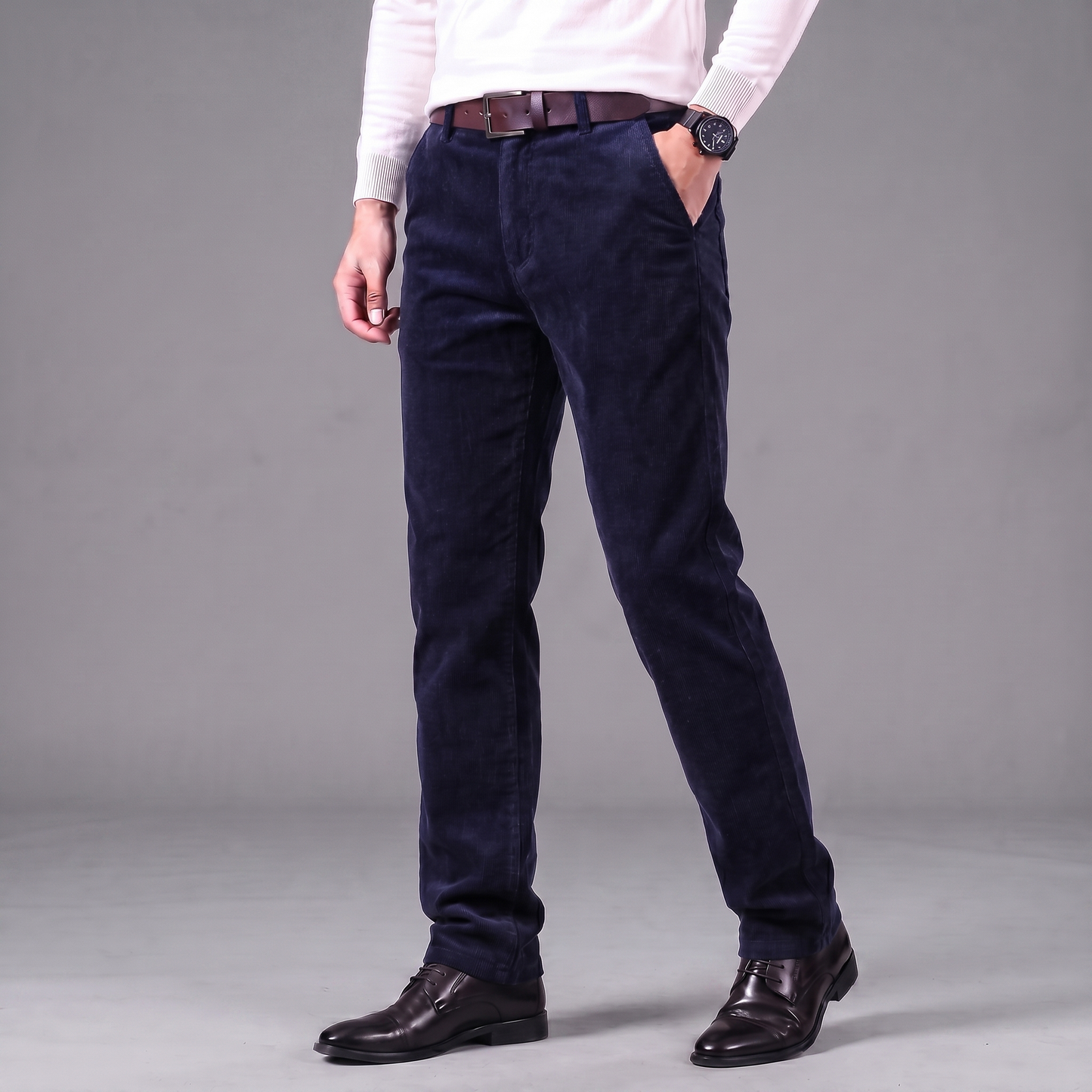 Men's Tailored Chino Trousers in Navy - front view | Hensley London