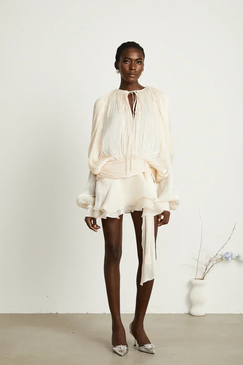 Women's Mini Dress White Polyester Voluminous Sleeves - 2