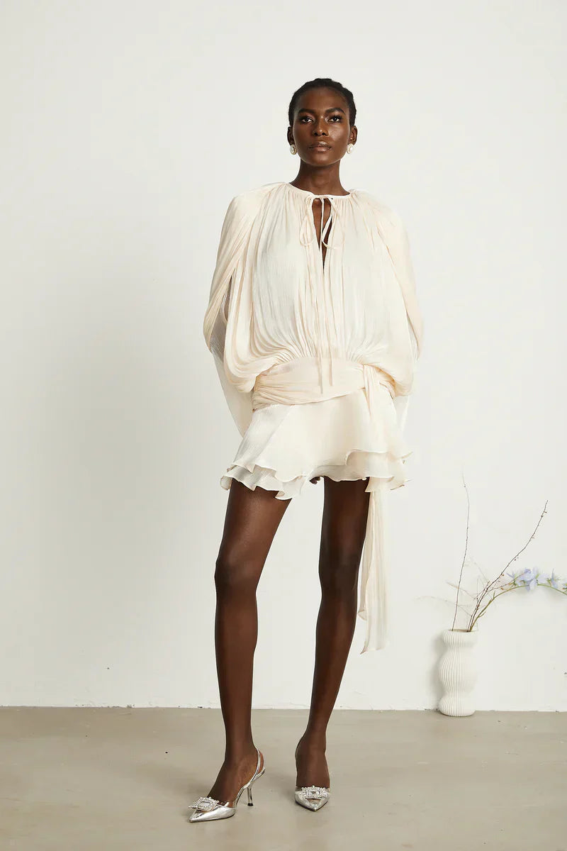 Women's Mini Dress White Polyester Voluminous Sleeves - 4