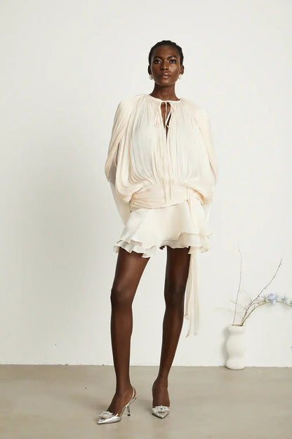 Women's Mini Dress White Polyester Voluminous Sleeves - 4