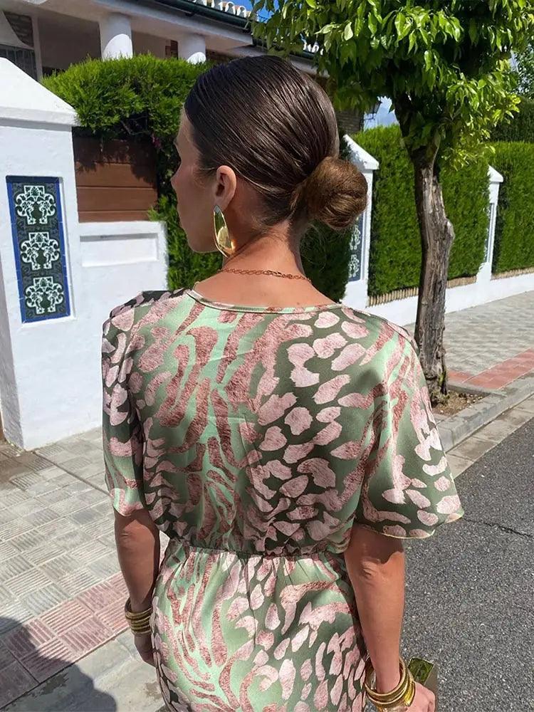 Women's Floral Midi Dress V-Neck Pleated Polyester 4