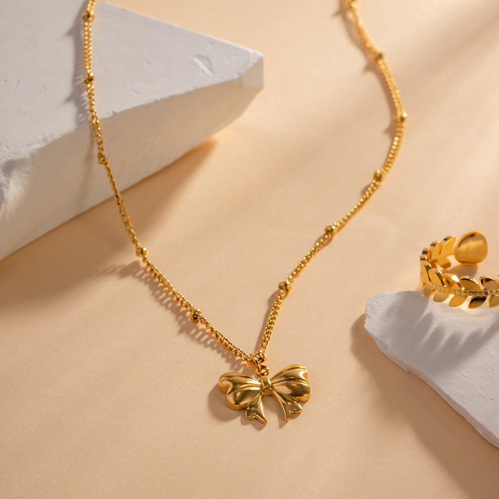 Elegant 18k Gold Bow Necklace for Women - Hypoallergenic, Waterproof Ribbon Design, 15 Inch with 2 Inch Extension 3