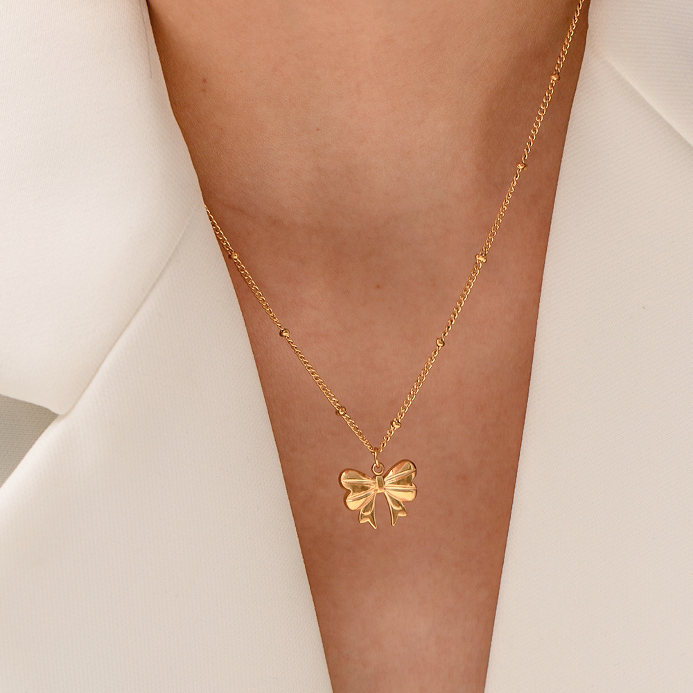 Elegant 18k Gold Bow Necklace for Women - Hypoallergenic, Waterproof Ribbon Design, 15 Inch with 2 Inch Extension 5