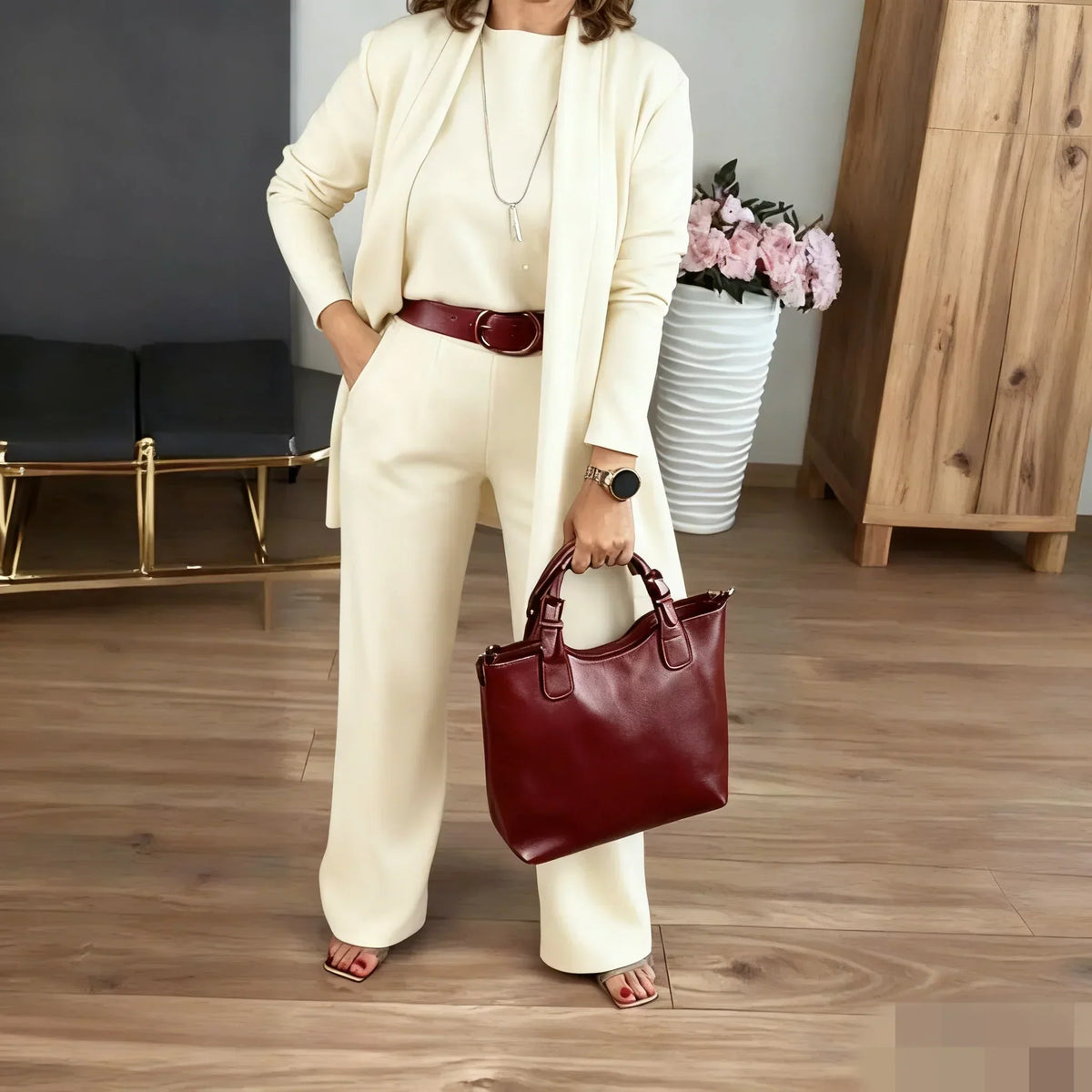 Women's Long Cardigan Three-Piece Trouser Set in White – additional product view | Hensley London