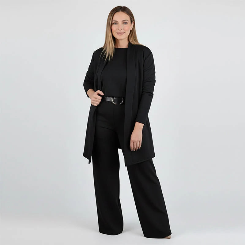 Women's Long Cardigan Three-Piece Trouser Set in Black – additional product view | Hensley London