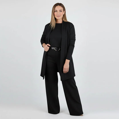 Women's Long Cardigan Three-Piece Trouser Set in Black – additional product view | Hensley London