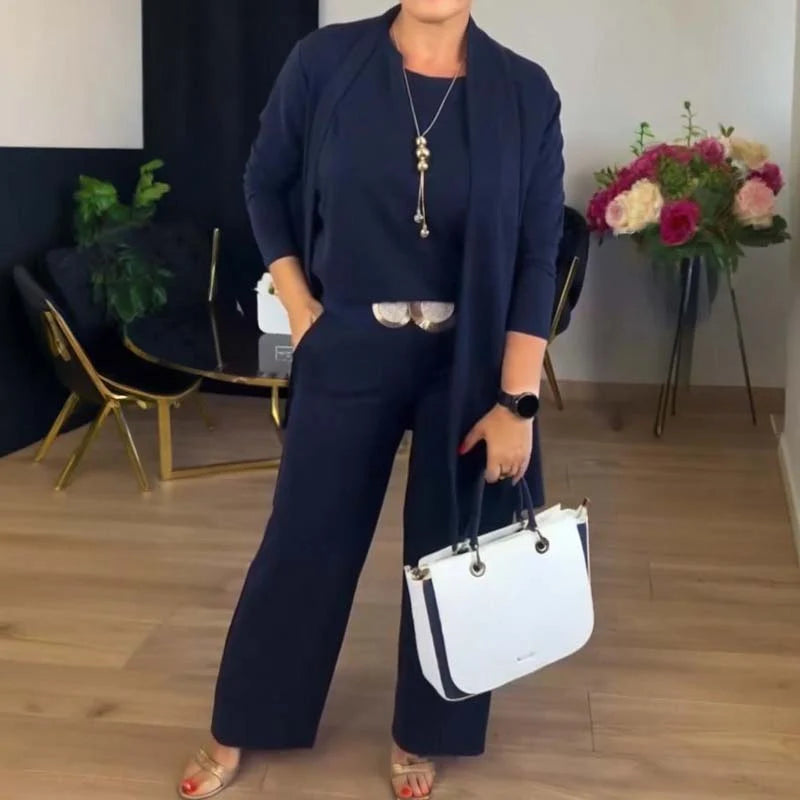 Women's Long Cardigan Three-Piece Trouser Set – additional product view | Hensley London