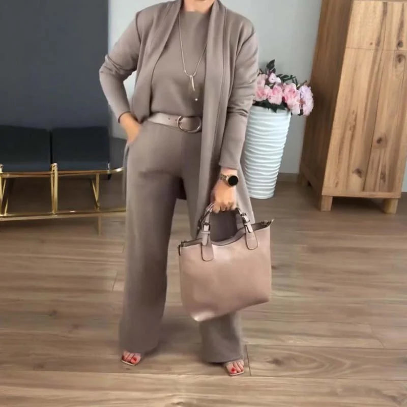 Women's Long Cardigan Three-Piece Trouser Set – additional product view | Hensley London