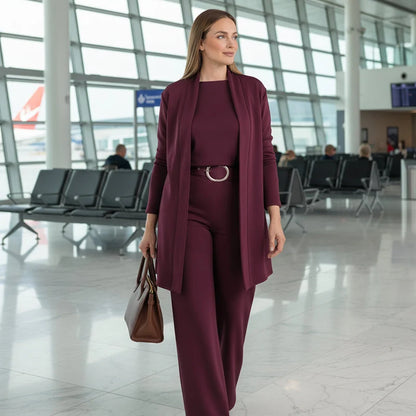 Women's Long Cardigan Three-Piece Trouser Set in Burgundy – additional product view | Hensley London
