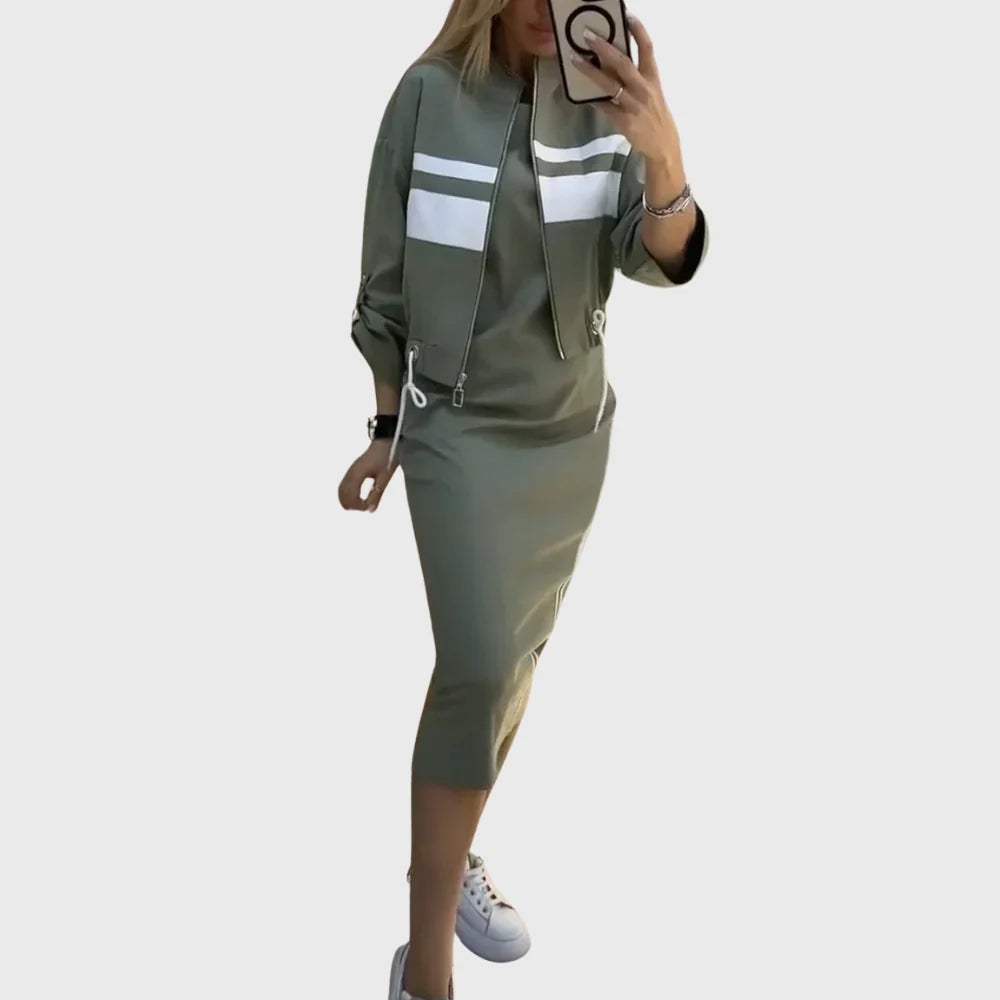 Women's Striped Zip Jacket and Midi-Skirt Set in Green – product view | Hensley London