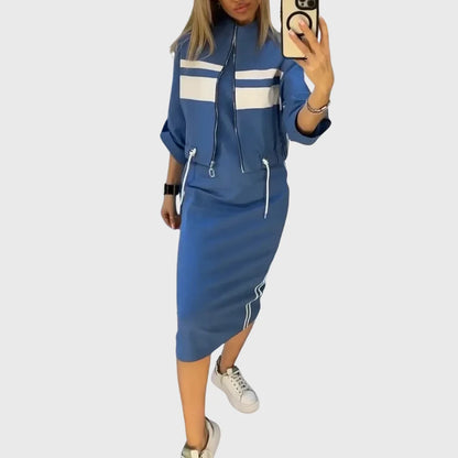 Women's Striped Zip Jacket and Midi-Skirt Set in Blue – product view | Hensley London
