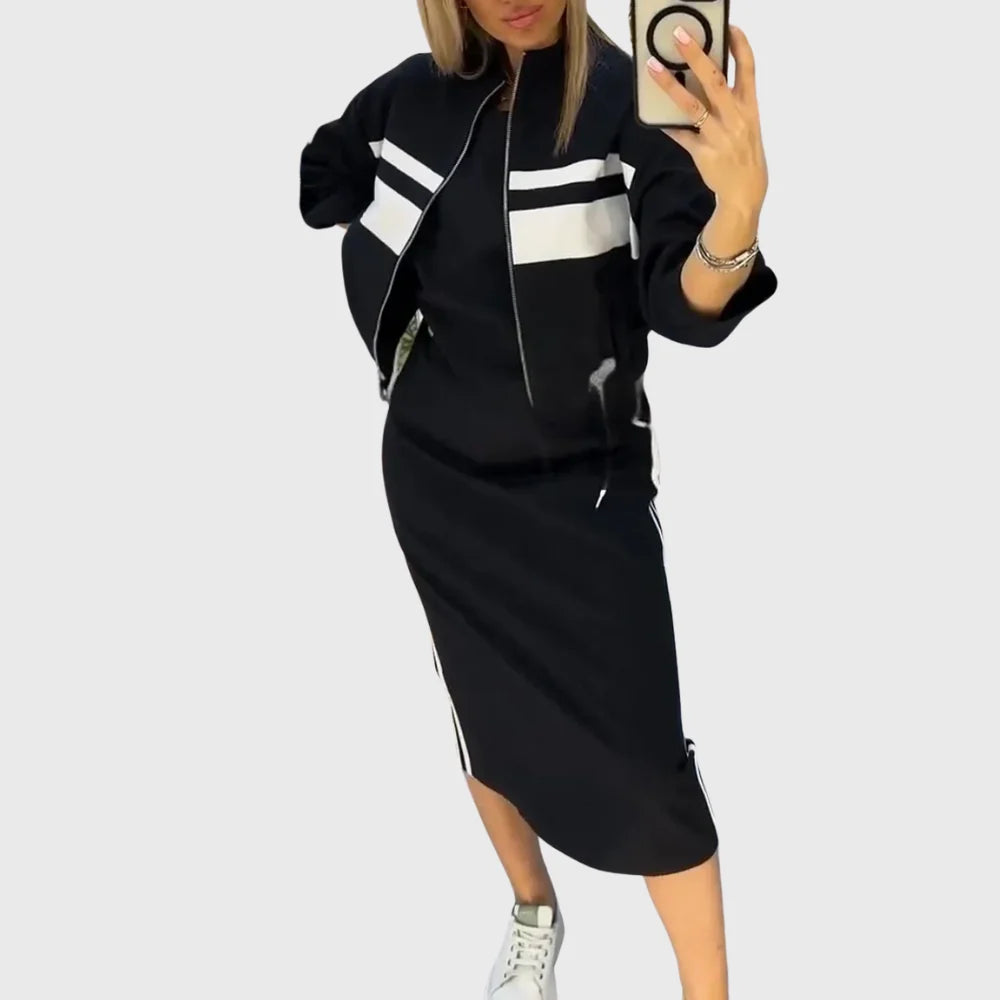 Women's Striped Zip Jacket and Midi-Skirt Set in Black – product view | Hensley London