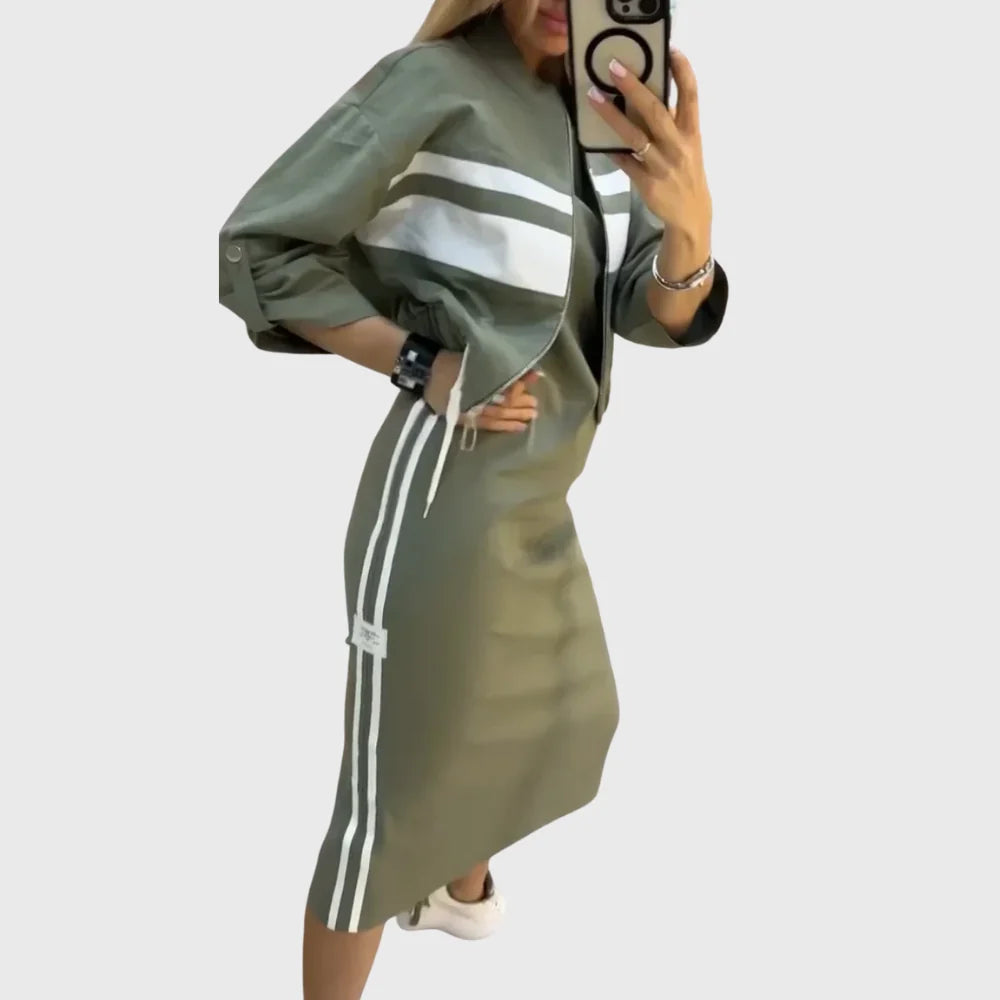 Women's Striped Zip Jacket and Midi-Skirt Set in Green – product view | Hensley London