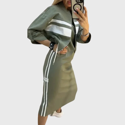 Women's Striped Zip Jacket and Midi-Skirt Set in Green – product view | Hensley London