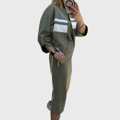Women's Striped Zip Jacket and Midi-Skirt Set in Green – product view | Hensley London
