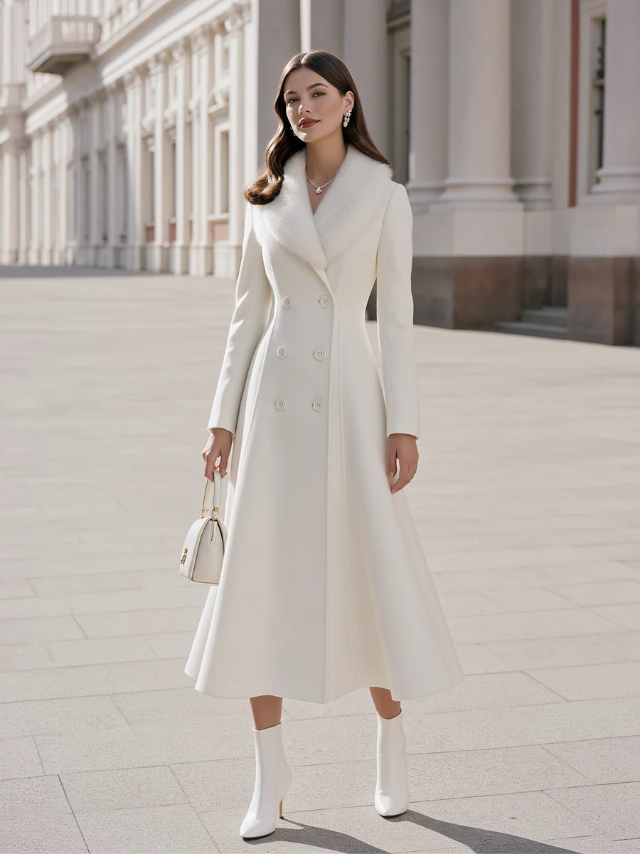 Women's Plush-Collar Double-Breasted Long Coat in White – product view | Hensley London
