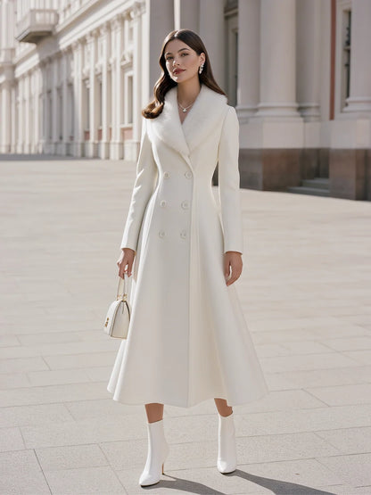 Women's Plush-Collar Double-Breasted Long Coat in White – product view | Hensley London