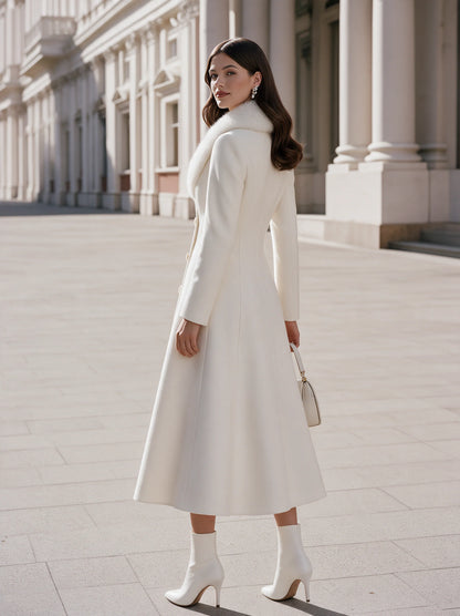 Women's Plush-Collar Double-Breasted Long Coat in White – product view | Hensley London