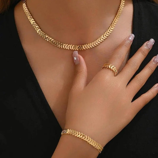 Elegant Fishbone Jewelry Set - Necklace, Bracelet, and Ring in Stainless Steel and Copper 0