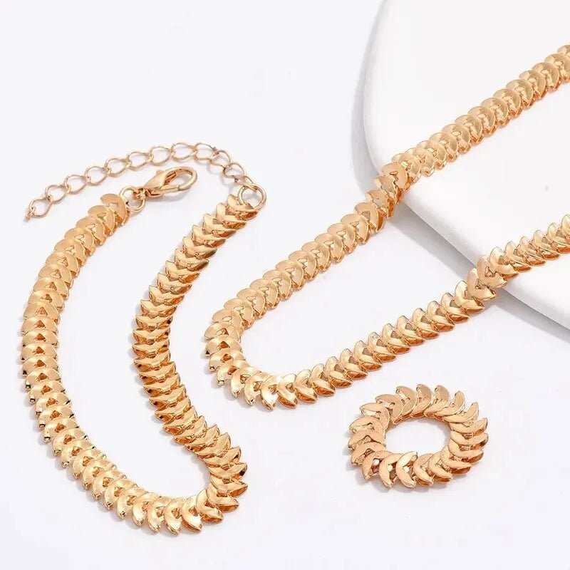 Elegant Fishbone Jewelry Set - Necklace, Bracelet, and Ring in Stainless Steel and Copper 2