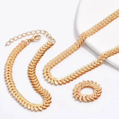 Elegant Fishbone Jewelry Set - Necklace, Bracelet, and Ring in Stainless Steel and Copper 2