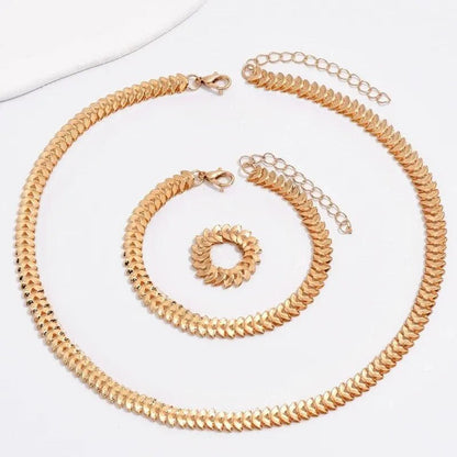 Elegant Fishbone Jewelry Set - Necklace, Bracelet, and Ring in Stainless Steel and Copper 3