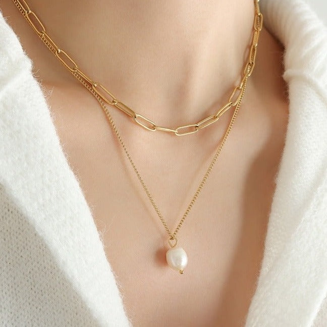 Elegant Freshwater Pearl Necklace with 18k Gold-Plated Paperclip Chain – Waterproof and Hypoallergenic Design for Women 3