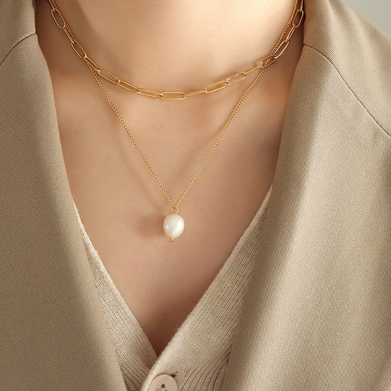 Elegant Freshwater Pearl Necklace with 18k Gold-Plated Paperclip Chain – Waterproof and Hypoallergenic Design for Women 4