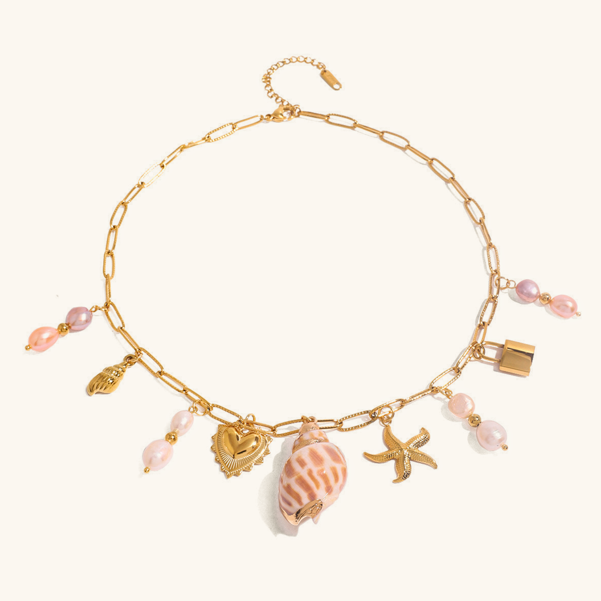 Elegant Gold Freshwater Pearl Necklace with Ocean-Inspired Charms – 16 Inch Adjustable Length 0