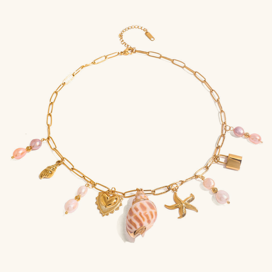 Elegant Gold Freshwater Pearl Necklace with Ocean-Inspired Charms – 16 Inch Adjustable Length 0