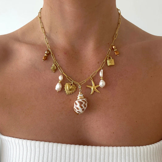 Elegant Gold Freshwater Pearl Necklace with Ocean-Inspired Charms – 16 Inch Adjustable Length 1