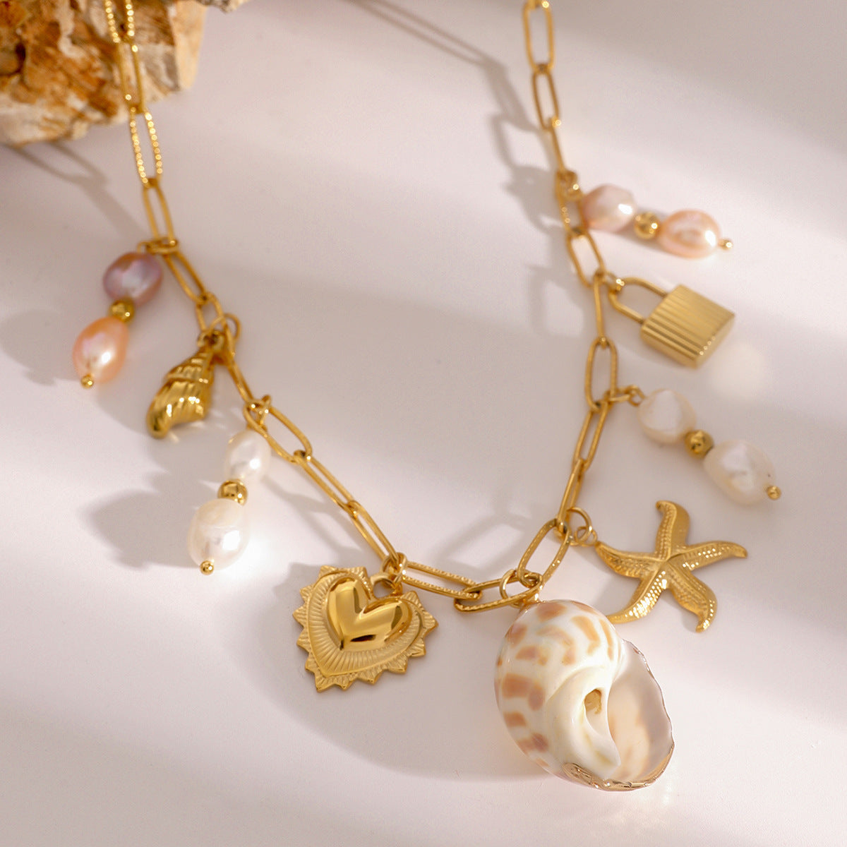 Elegant Gold Freshwater Pearl Necklace with Ocean-Inspired Charms – 16 Inch Adjustable Length 2
