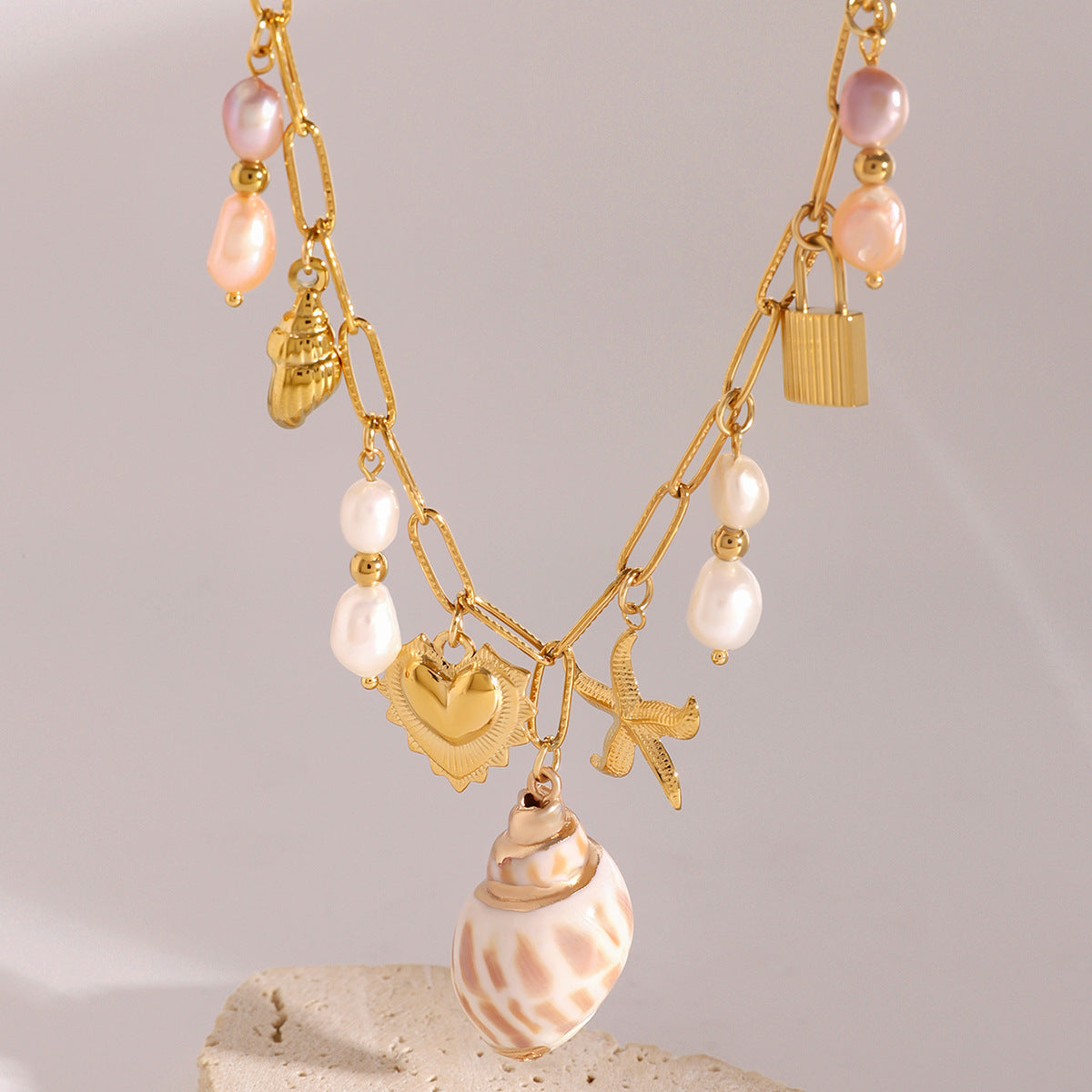 Elegant Gold Freshwater Pearl Necklace with Ocean-Inspired Charms – 16 Inch Adjustable Length 3