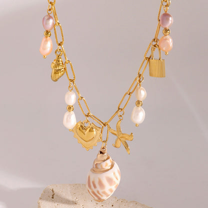 Elegant Gold Freshwater Pearl Necklace with Ocean-Inspired Charms – 16 Inch Adjustable Length 3