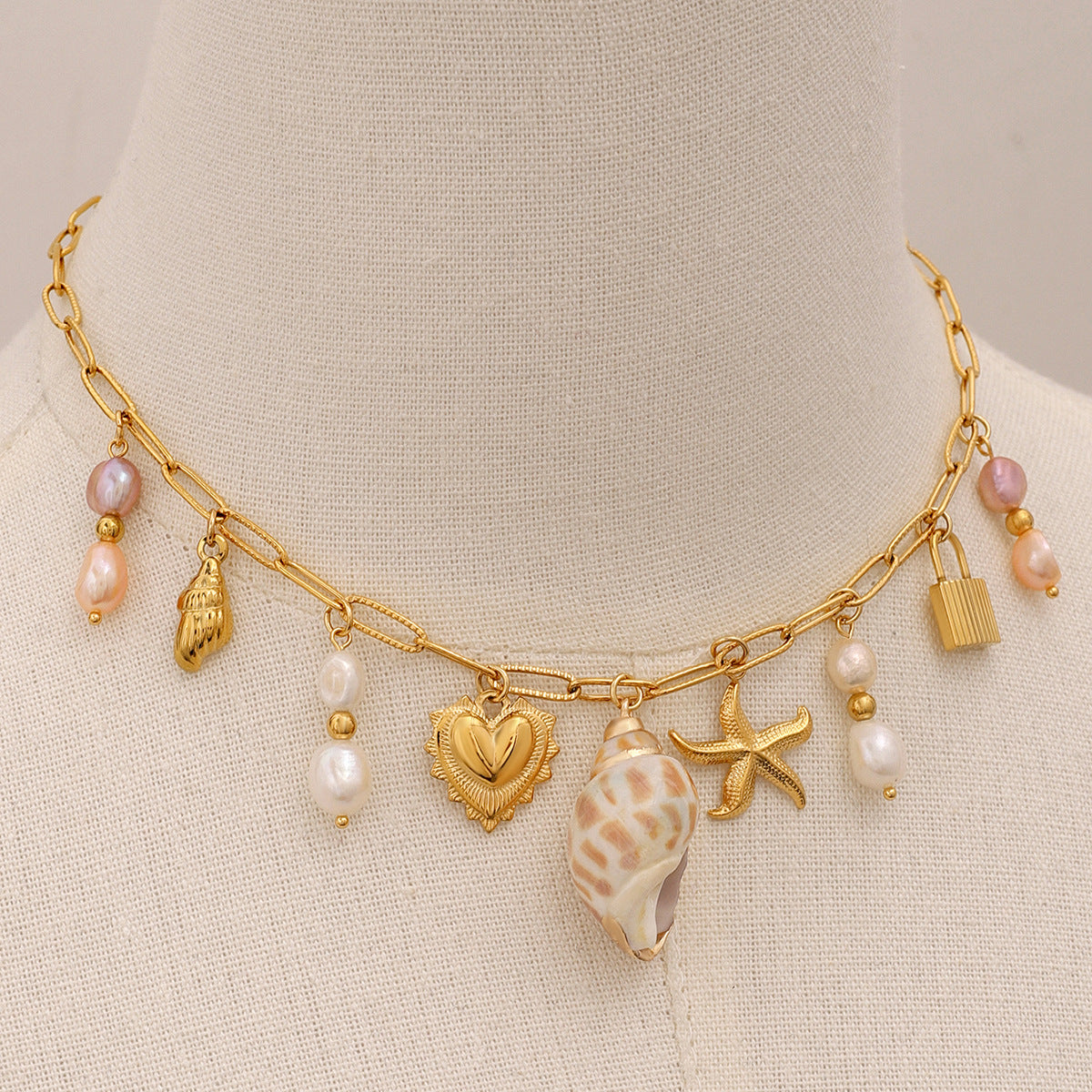 Elegant Gold Freshwater Pearl Necklace with Ocean-Inspired Charms – 16 Inch Adjustable Length 4