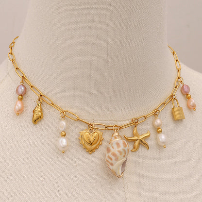 Elegant Gold Freshwater Pearl Necklace with Ocean-Inspired Charms – 16 Inch Adjustable Length 4