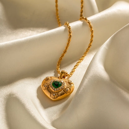Elegant Gold Heart Necklace with Diamond Simulants and Emerald Centerpiece – 18k Gold-Plated Stainless Steel Jewelry 2