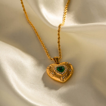 Elegant Gold Heart Necklace with Diamond Simulants and Emerald Centerpiece – 18k Gold-Plated Stainless Steel Jewelry 3