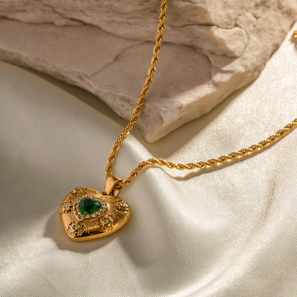 Elegant Gold Heart Necklace with Diamond Simulants and Emerald Centerpiece – 18k Gold-Plated Stainless Steel Jewelry 4