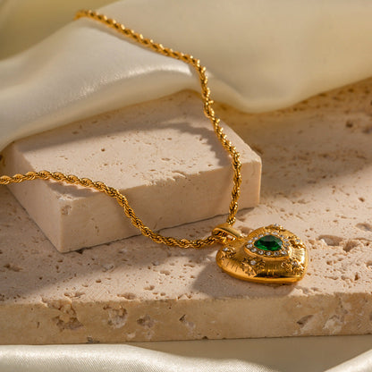 Elegant Gold Heart Necklace with Diamond Simulants and Emerald Centerpiece – 18k Gold-Plated Stainless Steel Jewelry 5