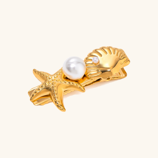 Elegant Gold Seashell Hair Clip with Freshwater Pearl and Starfish Design – Hypoallergenic and Waterproof 0